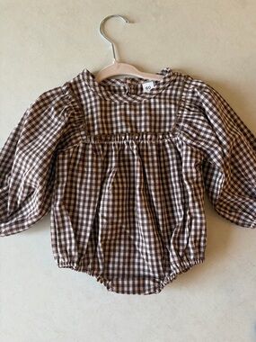 Plaid Long-Sleeve Bubble Romper - Brown Check 3/6m